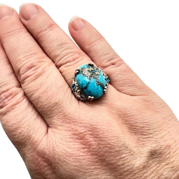 Estate Designer DJOY Turquoise Blue Topaz Sterling Silver Statement Ring Size 9 - Picture 5 of 11